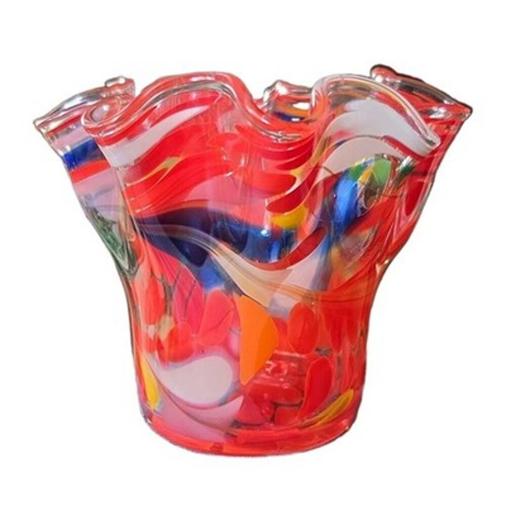 Vintage Zorza Poland Hand Blown Art Glass Handkerchief Vase Confetti Ruffled 6"